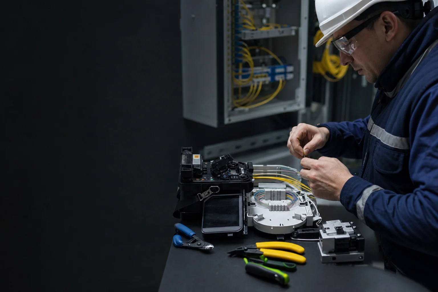 Fiber optik füzyon ekleme ve sonlandırma yapan profesyonel teknisyen