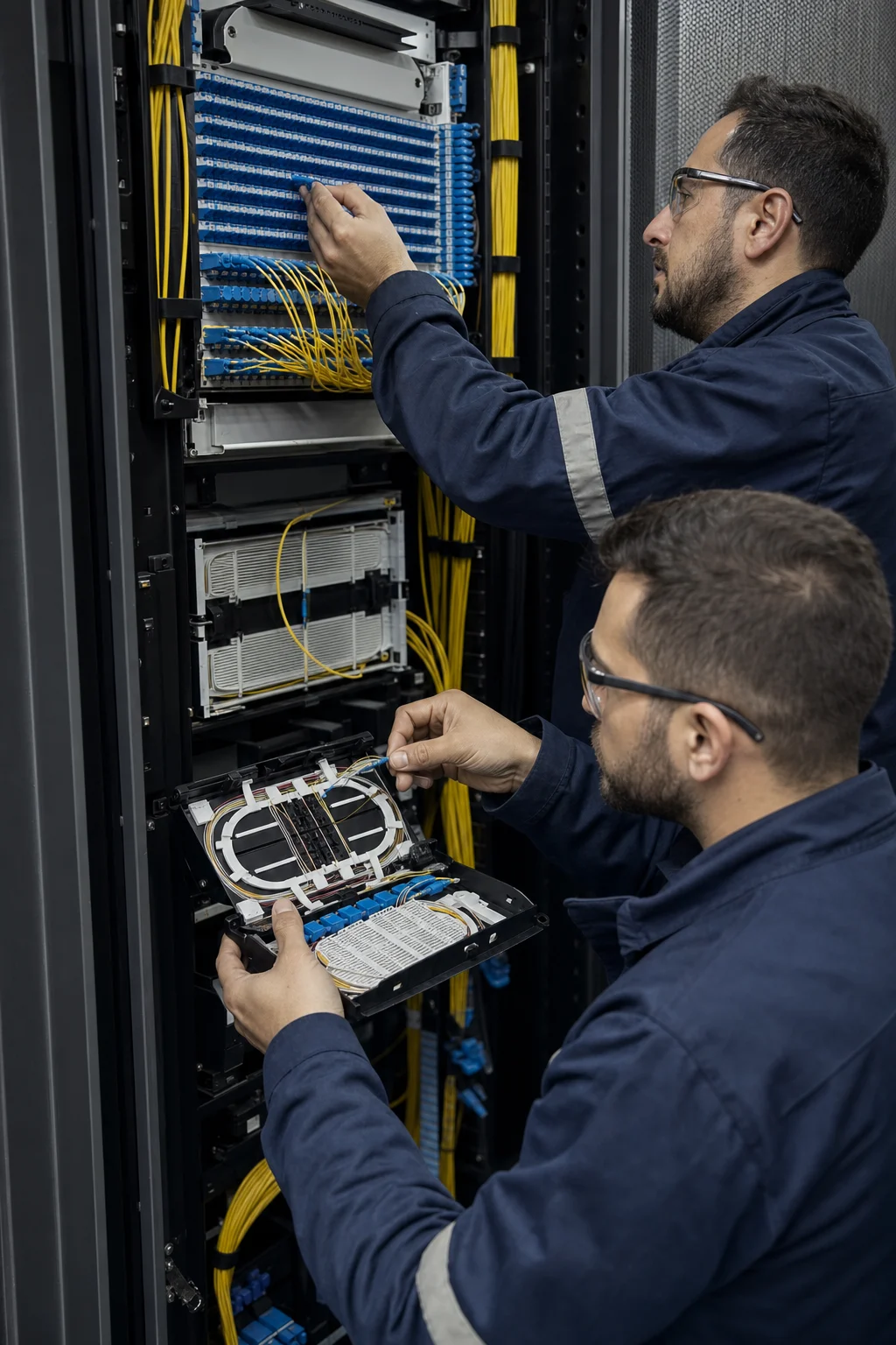 ODF ve fiber patch panel sonlandırması yapan profesyonel saha ekibi