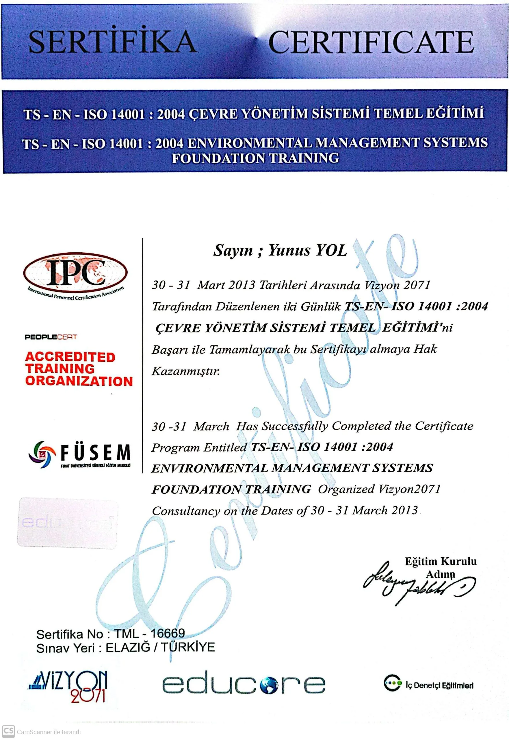 ISO 14001 Çevre Yönetim Sistemi Sertifikası