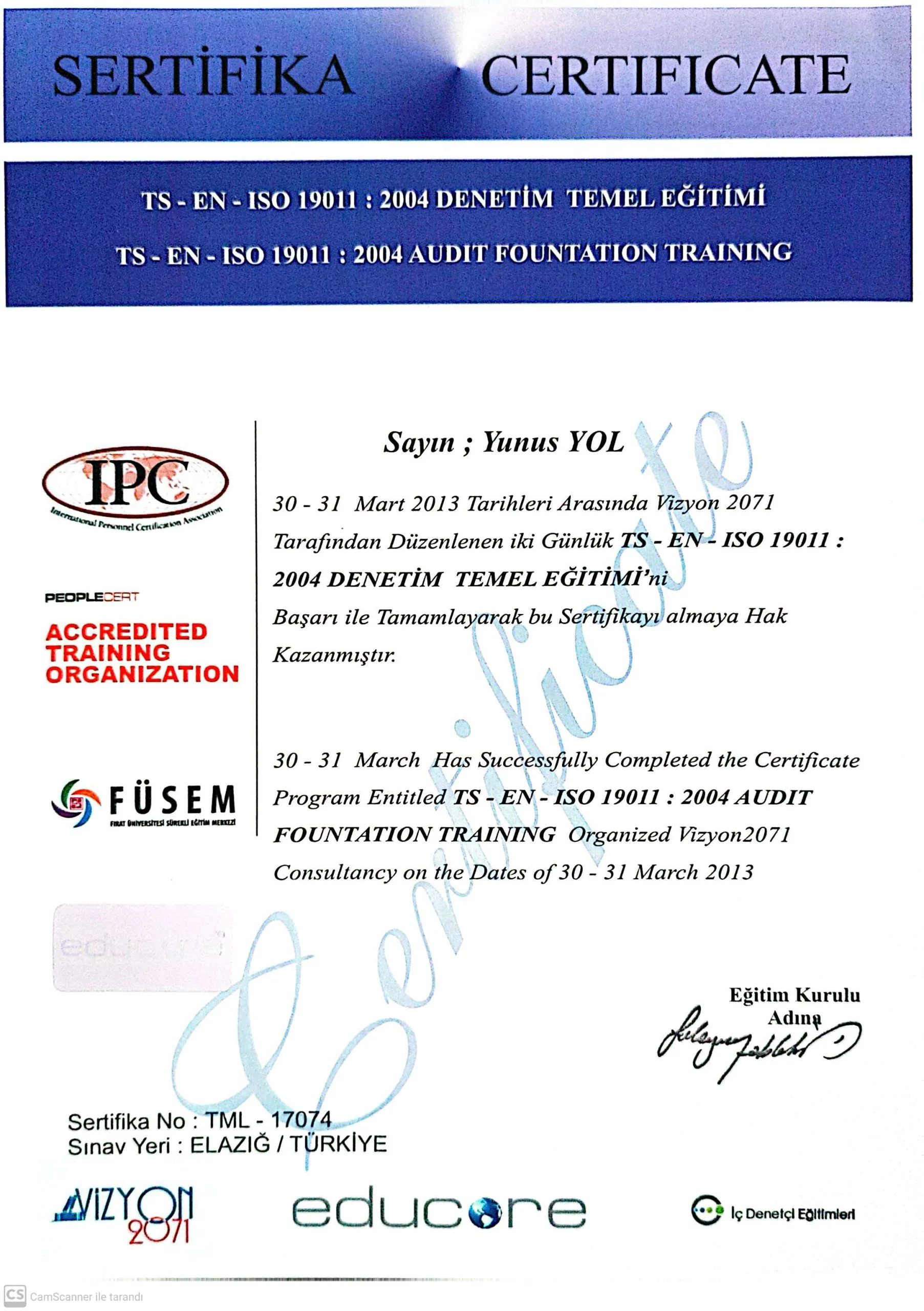 ISO 19011 Denetim Temel Eğitimi Sertifikası
