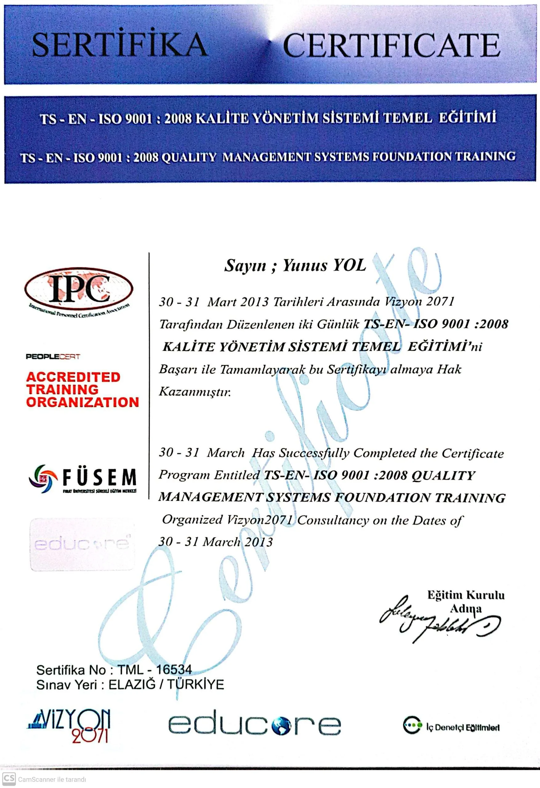 ISO 9001 Kalite Yönetim Sistemi Sertifikası