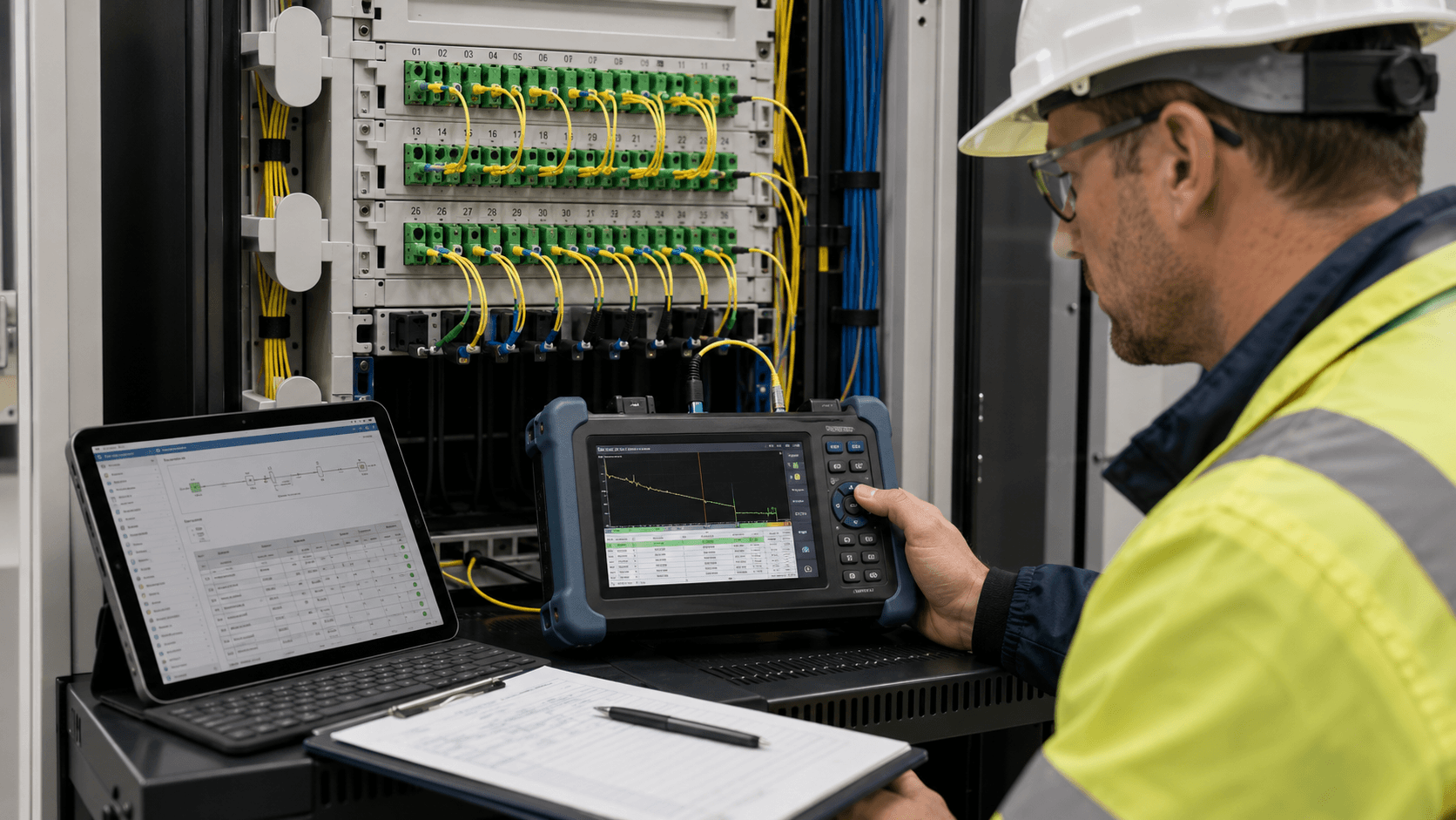 Teknik personel tarafından yapılan OTDR ölçümü ve fiber optik hat testi