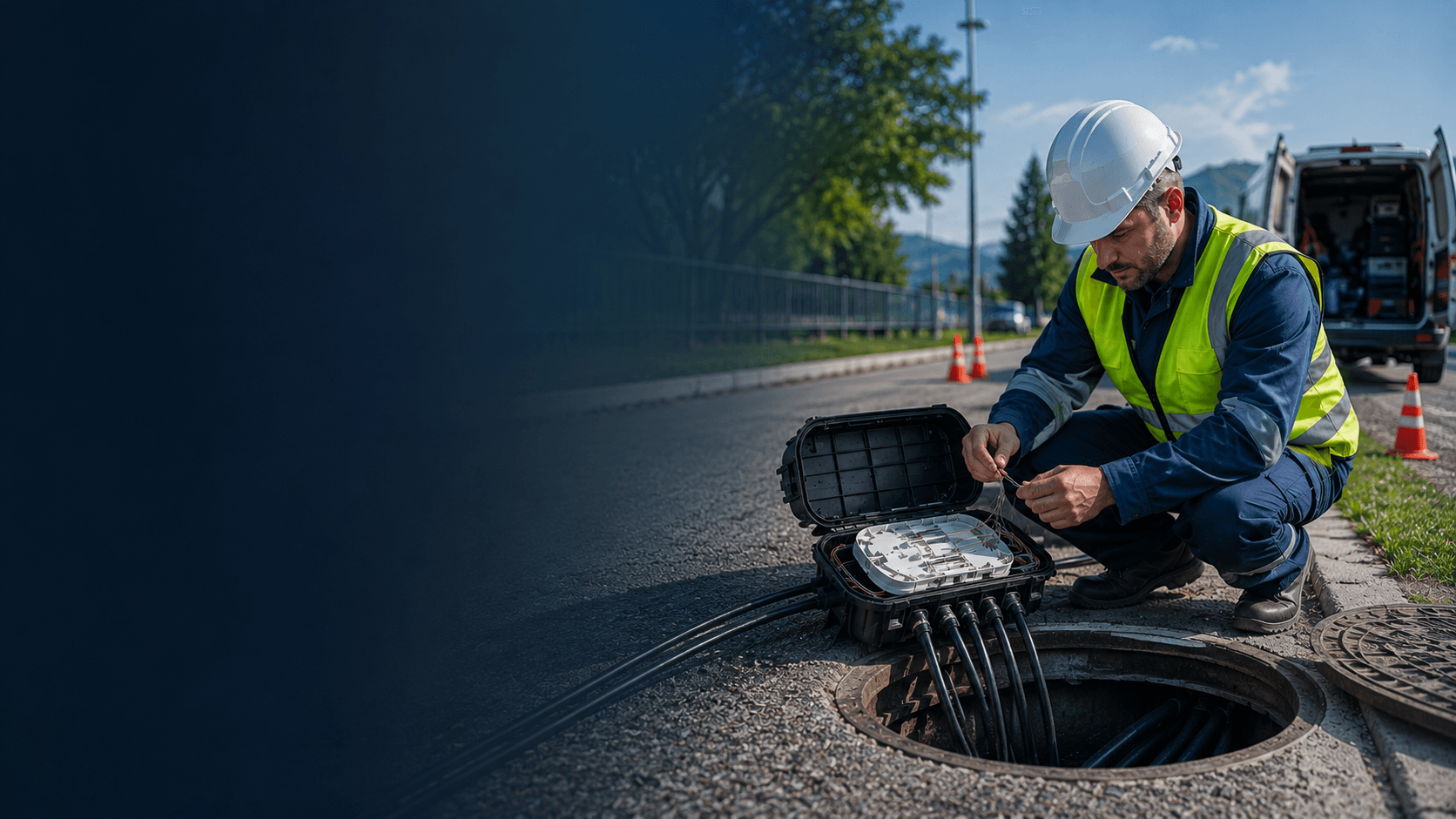 Dış ortam fiber optik saha çalışmasında menhol başında ek muf uygulaması yapan teknisyen