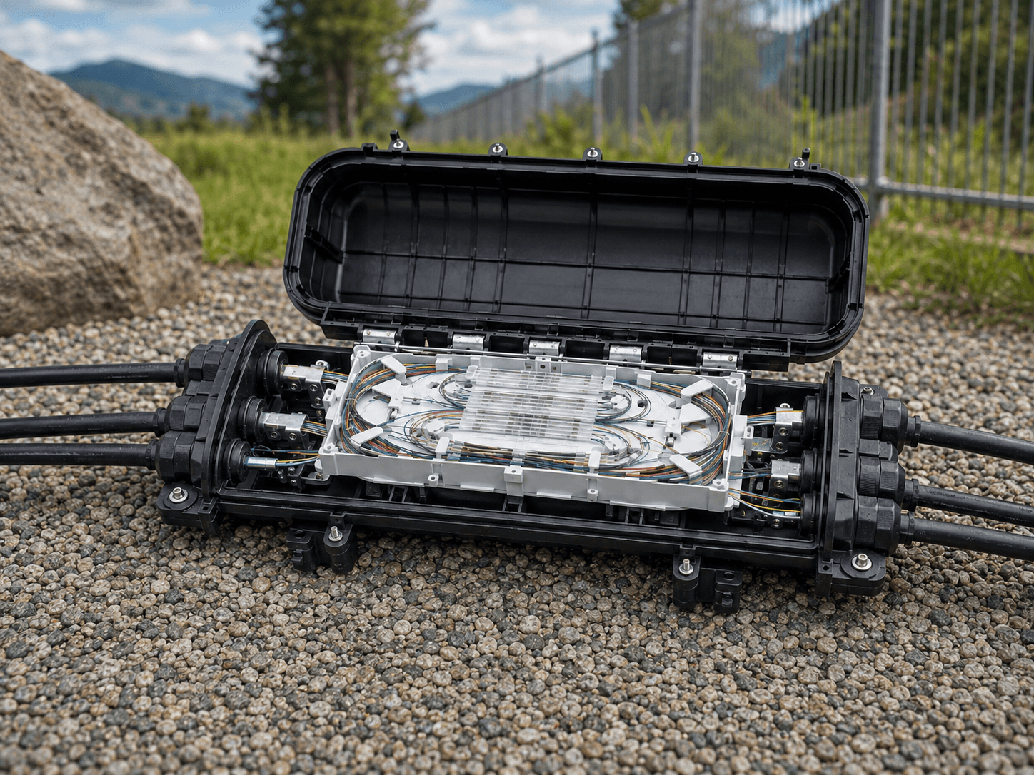 Açık dış ortam fiber ek mufunda düzenli splice tray ve fiber damar yerleşimi