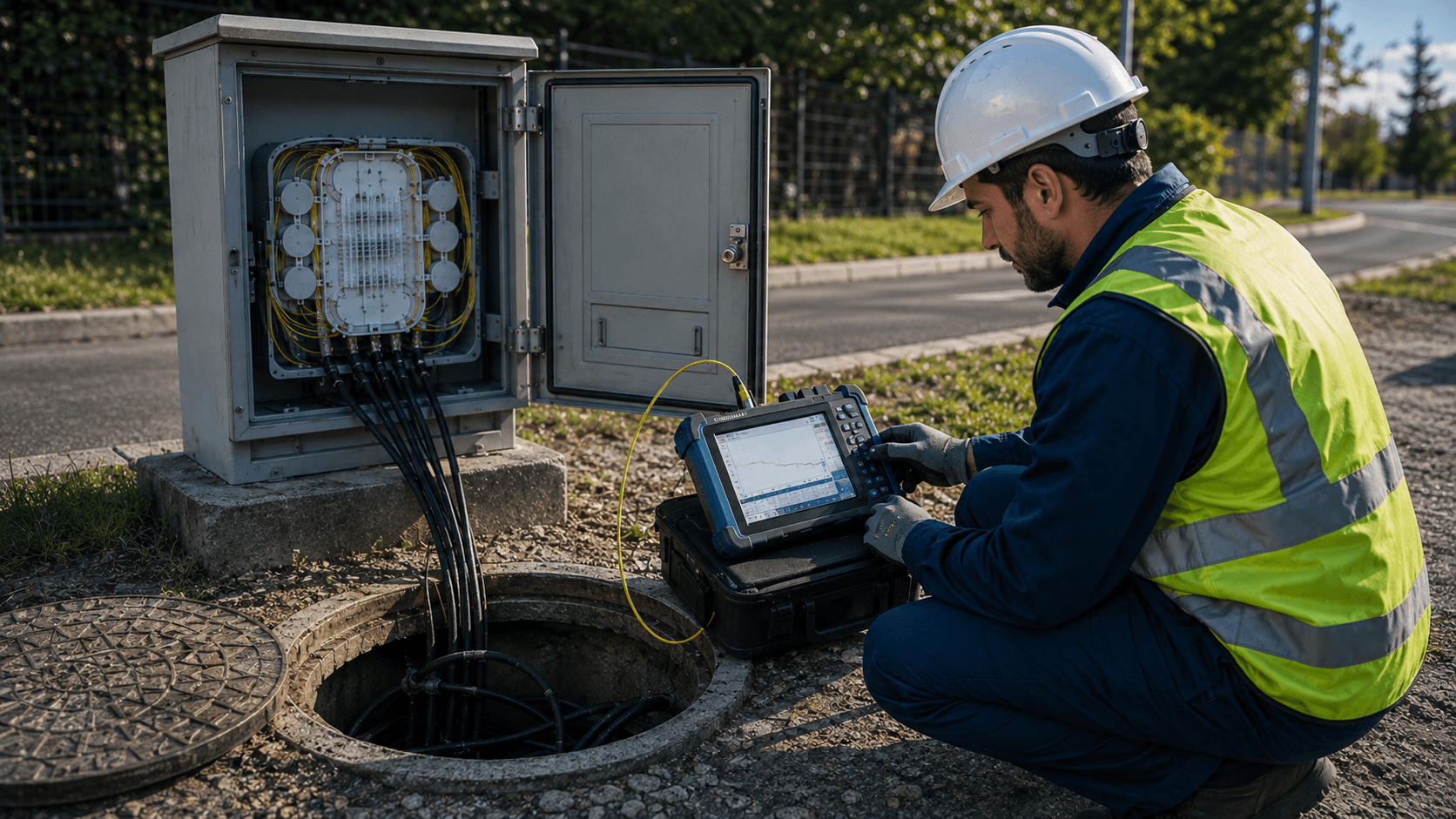 Saha dolabı yanında OTDR cihazı ile fiber optik hat ölçümü yapan teknisyen