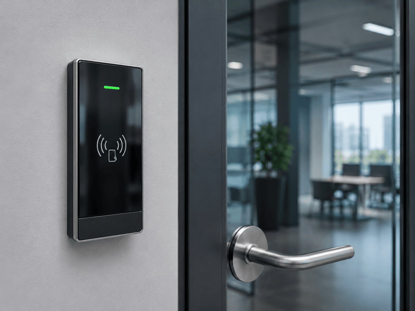 Elektronik kapı yanında RFID kart okuyucu ve kartlı geçiş altyapısı