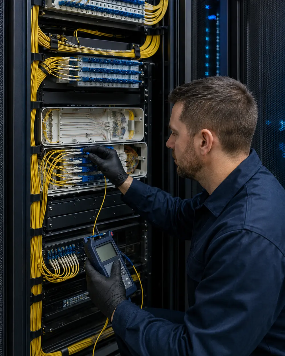 Rack kabinde düzenli fiber kablo yönetimi ve sonlandırma işçiliği