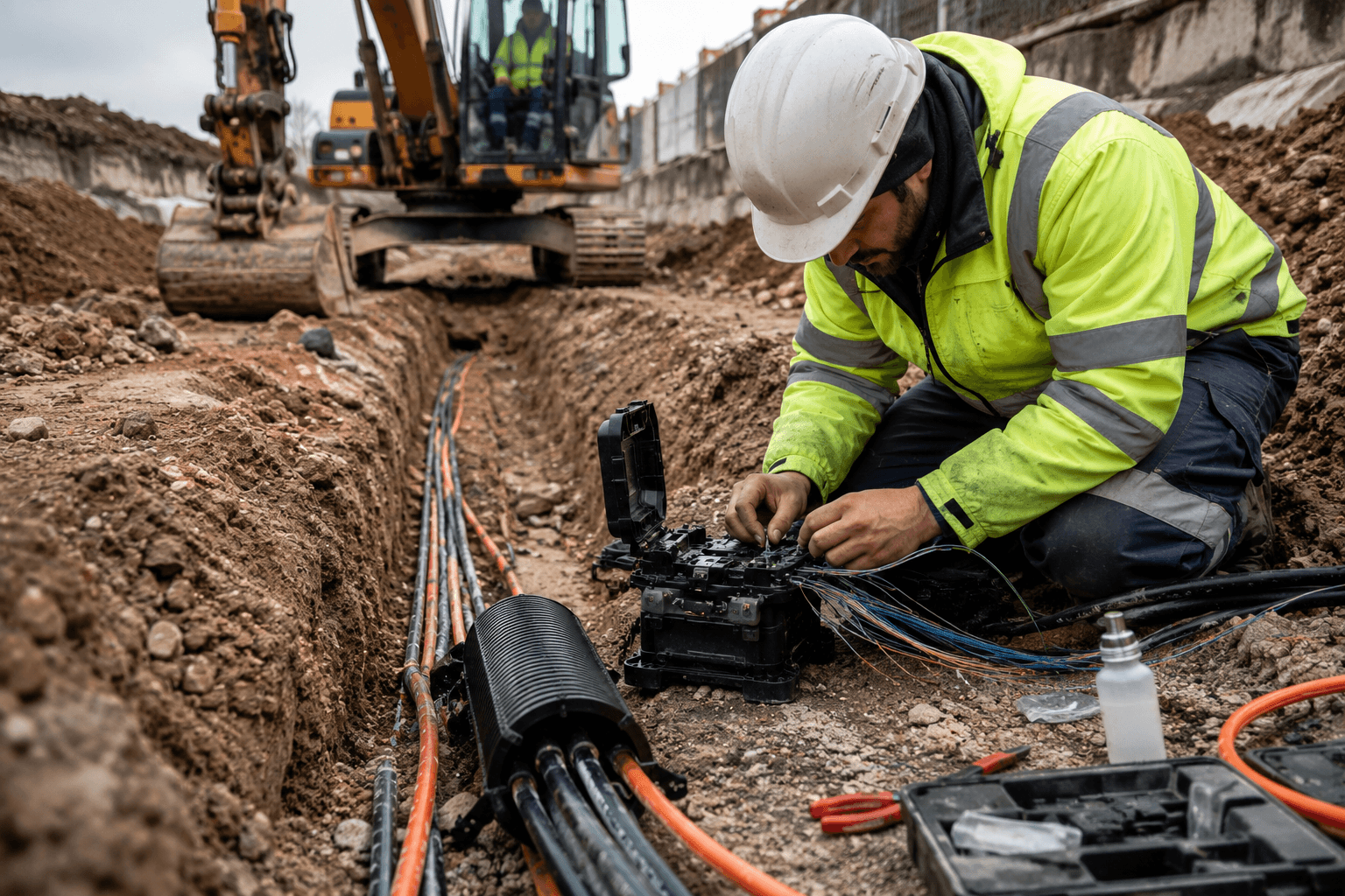 Dış ortam fiber arıza tamiri ve ek muf üzerinde teknik çalışma