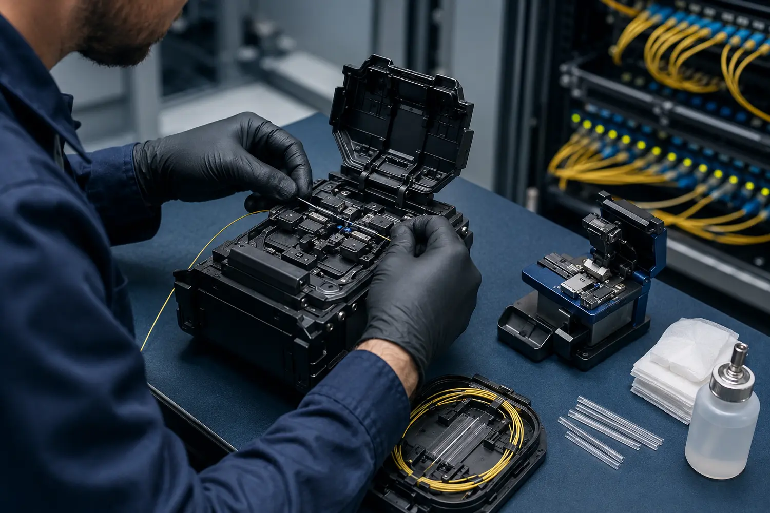 Sahada füzyon ek cihazı ile fiber kablo ekleme işlemi