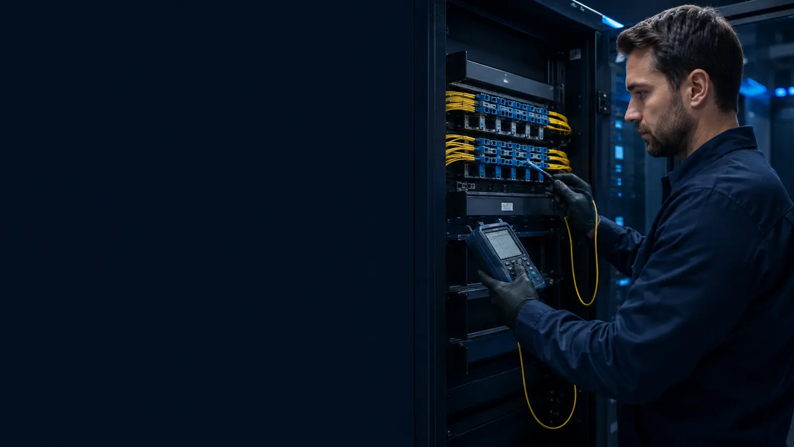 Fiber sonlandırma ve ölçüm ekipmanlarıyla ODF üzerinde çalışan teknik uzman