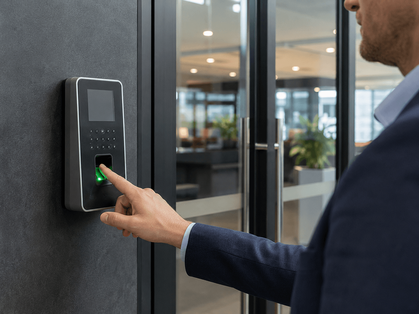 Modern ofis girişinde parmak izli geçiş kontrol sistemi ve turnike