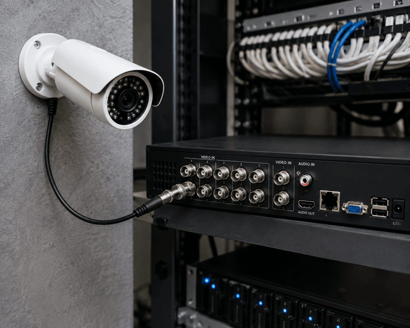AHD kamera DVR ve BNC koaksiyel bağlantı kontrolü